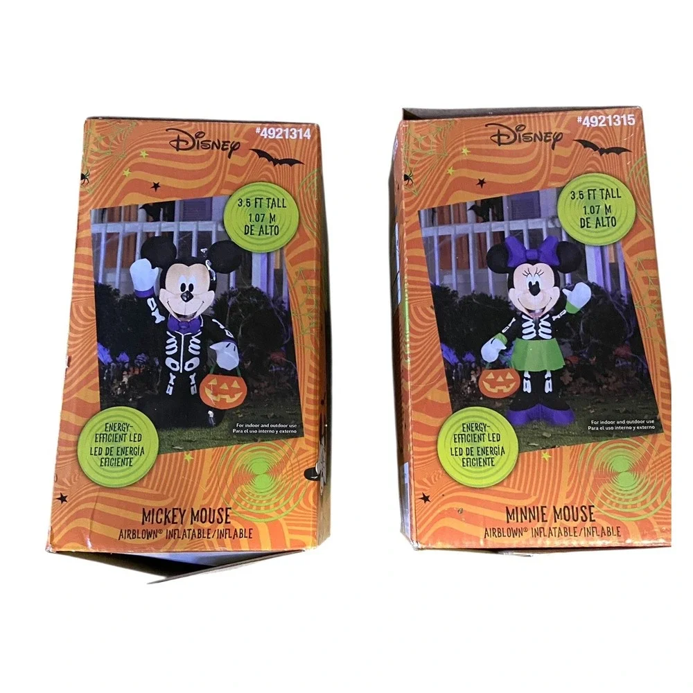 Gemmy Disney Halloween Mickey Mouse & Minnie Mouse Skeleton Inflatables 3.5 ft‎